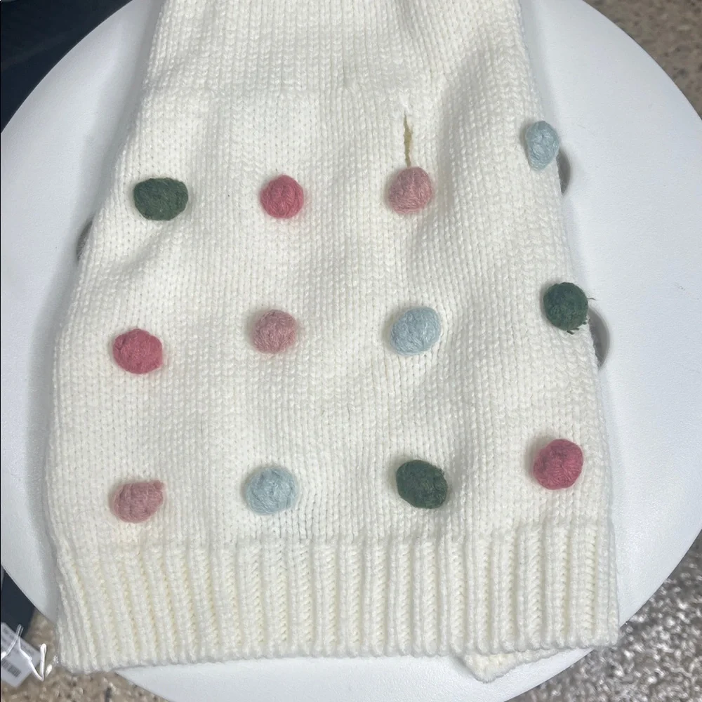 Rachel Zoe Dog Sweater with Pompoms Sz S/P ivory with multi color poms